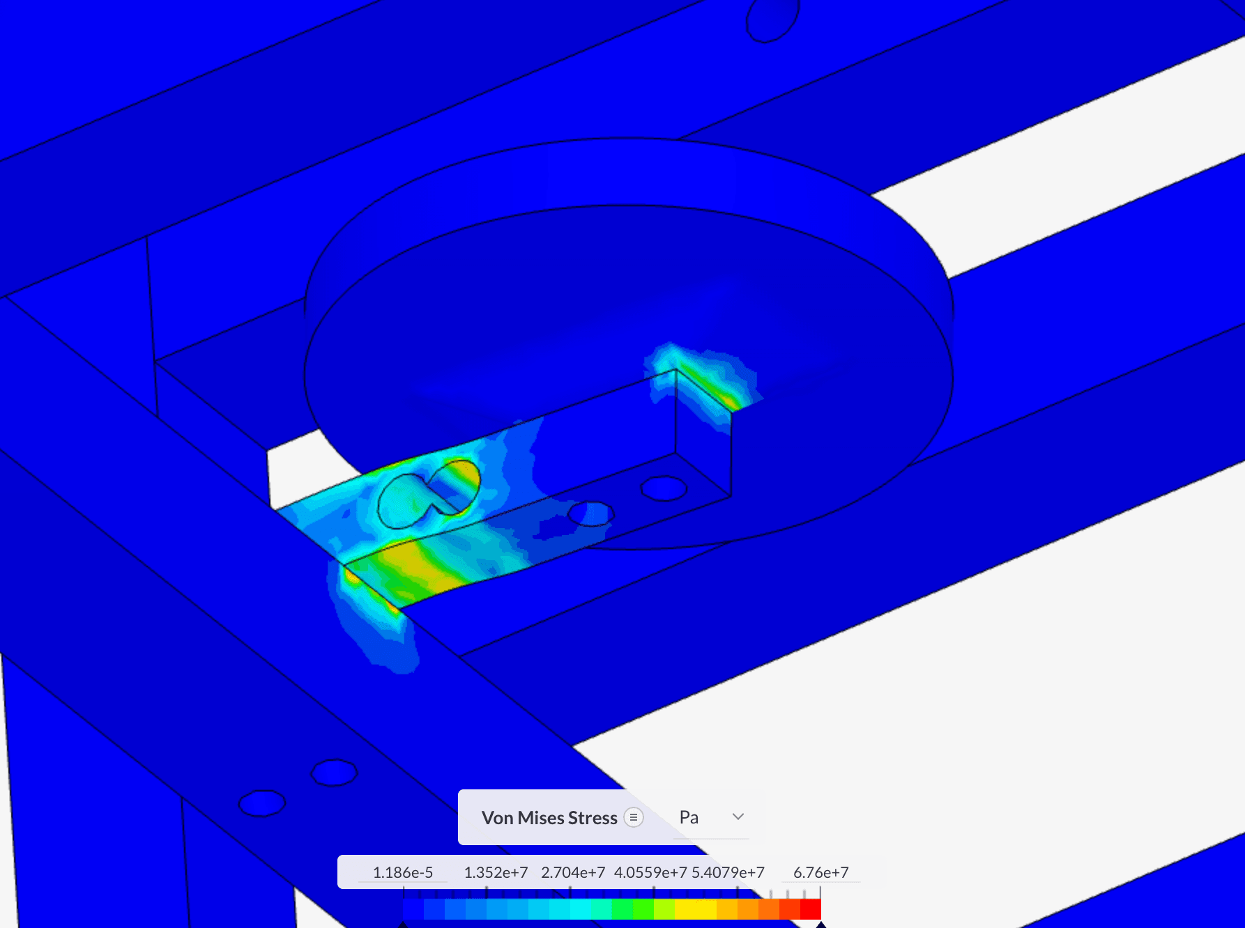 Von Mises Stress analysis showing safe load distribution (Max 67.6 MPa)
